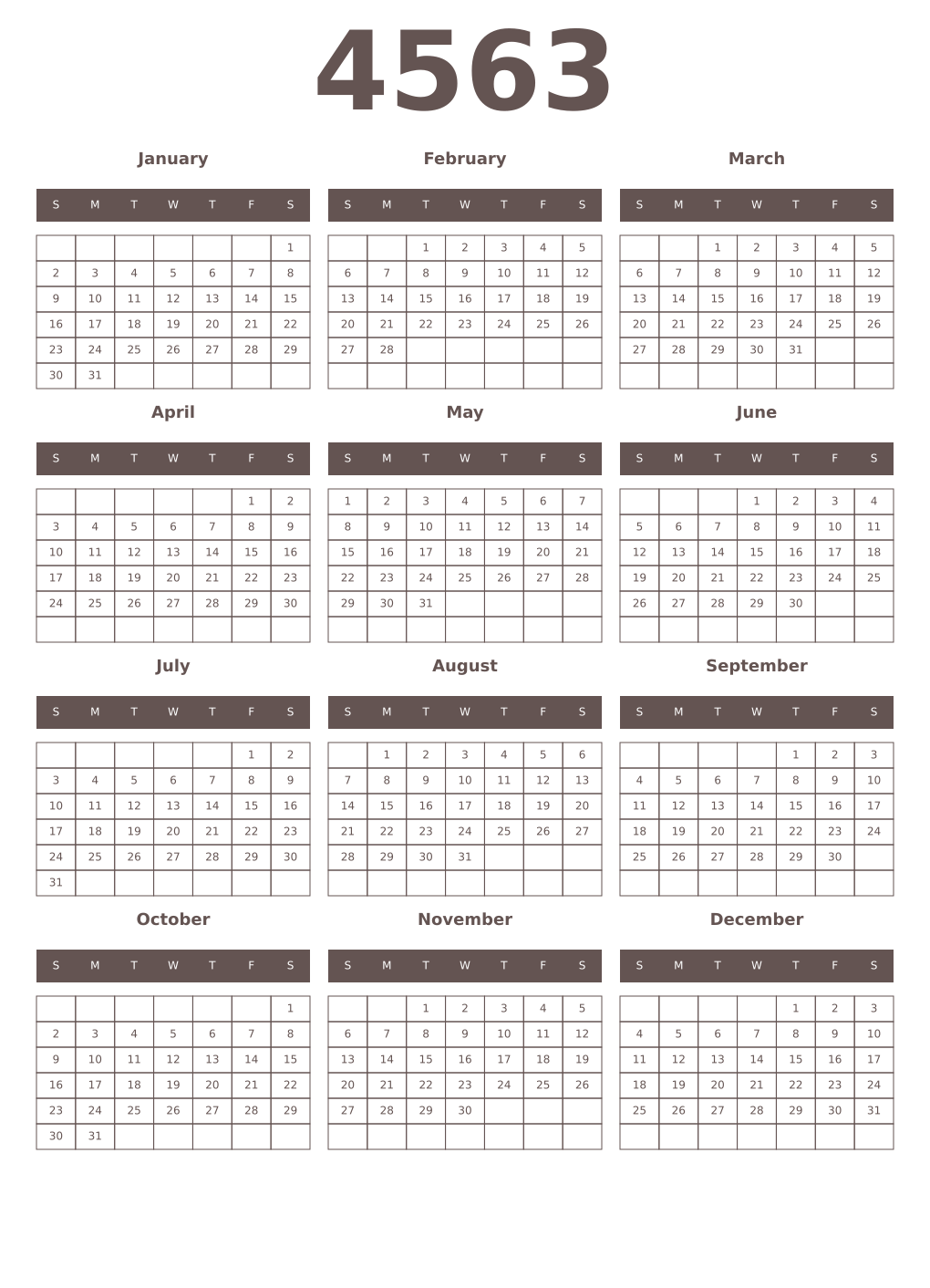 Printable 4563 Year Calendars wenge