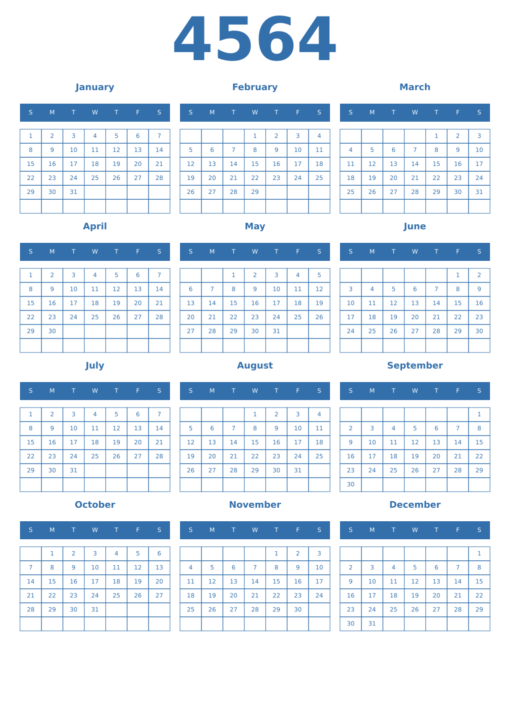 Printable 4564 Year Calendars blue