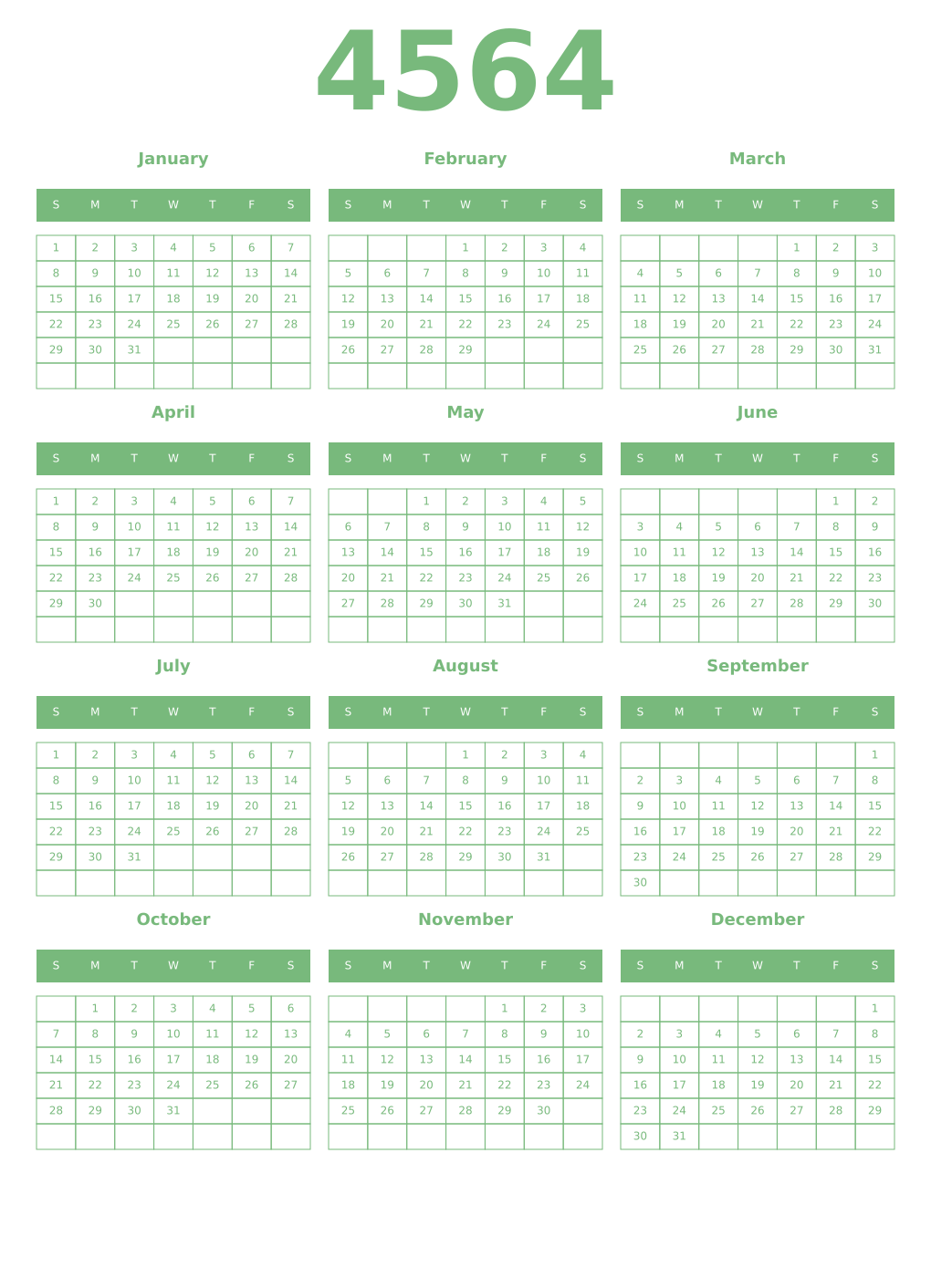 Printable 4564 Year Calendars celadon