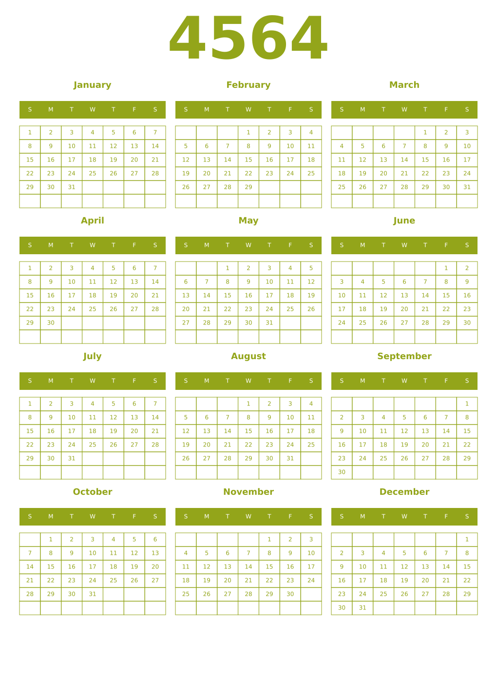 Printable 4564 Year Calendars chartreuse
