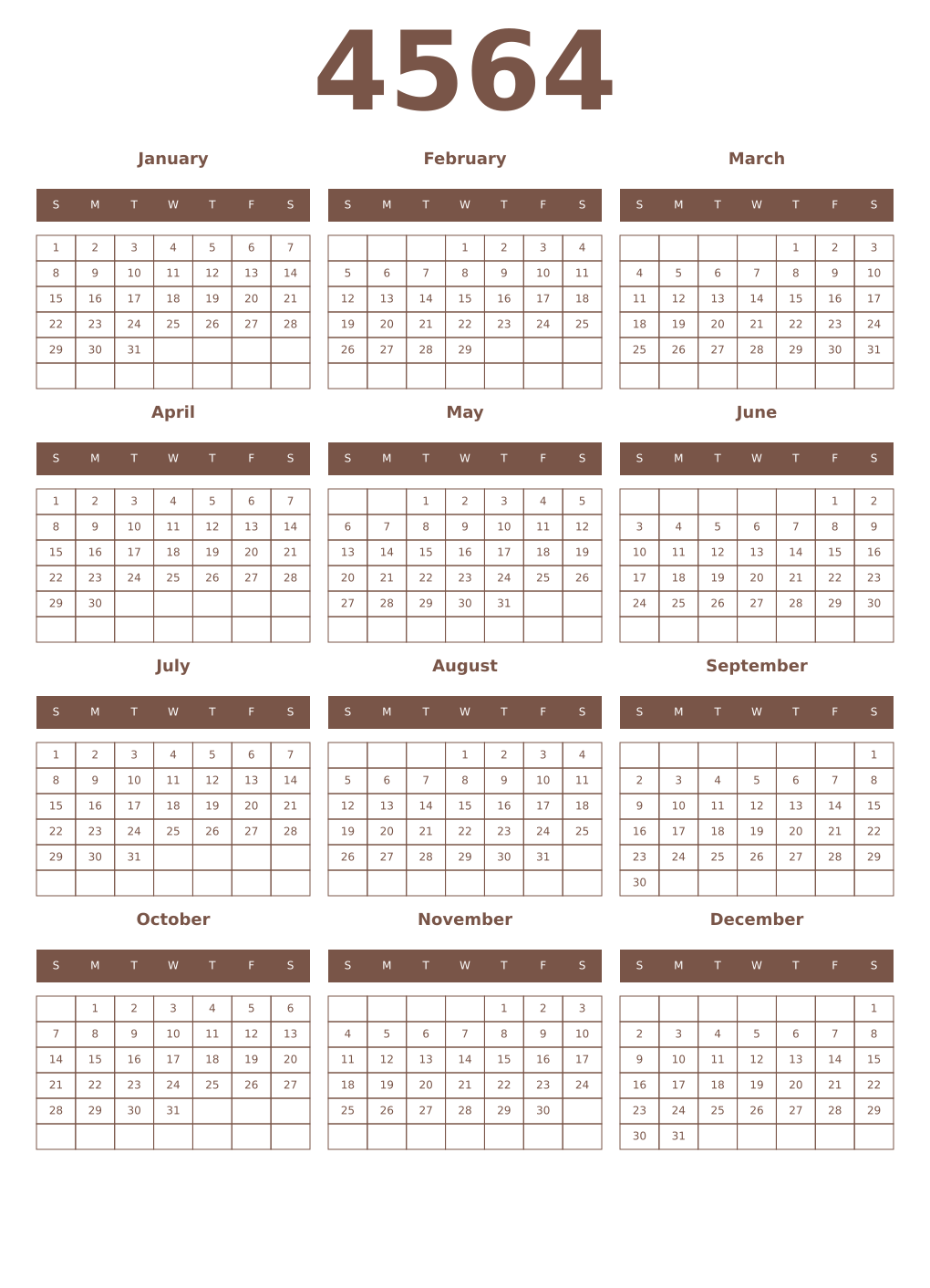 Printable 4564 Year Calendars coffe