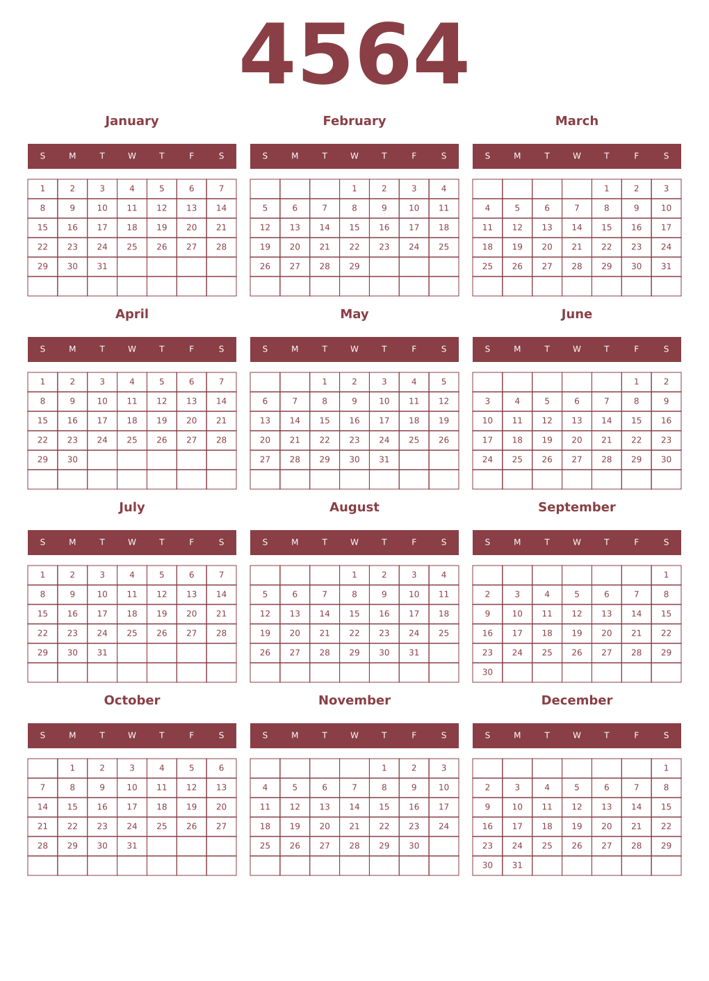 Printable 4564 Year Calendars cordovan