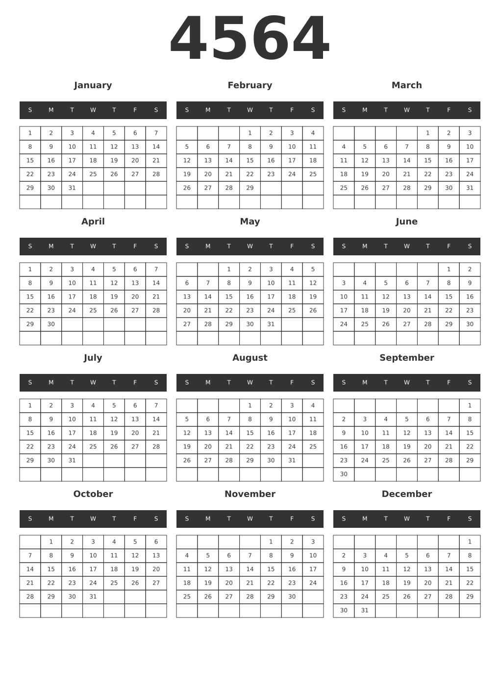 Printable 4564 Year Calendars dark