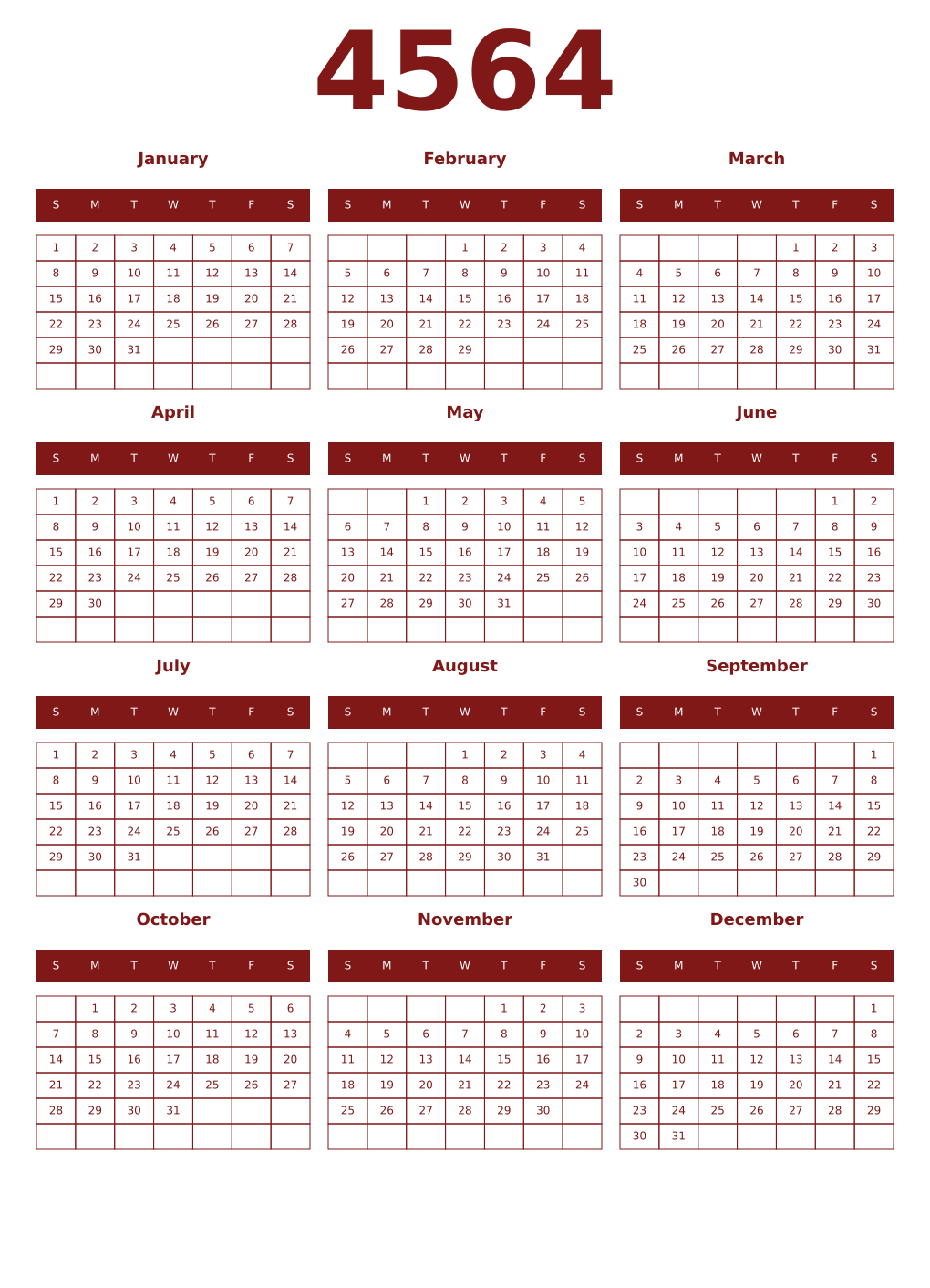 Printable 4564 Year Calendars falu