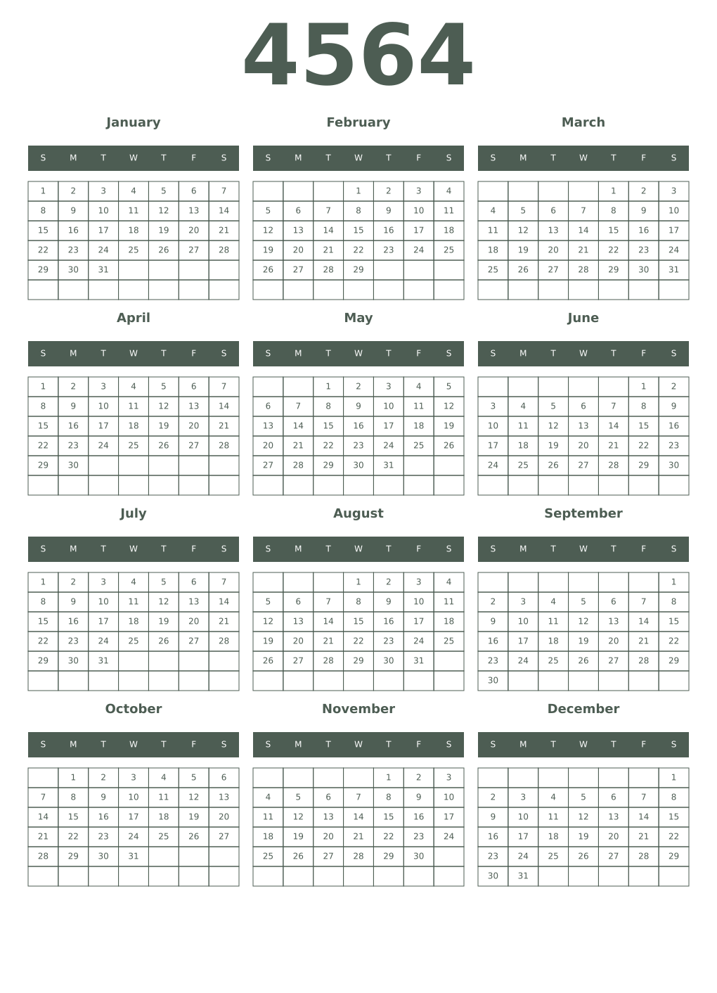 Printable 4564 Year Calendars feldgrau