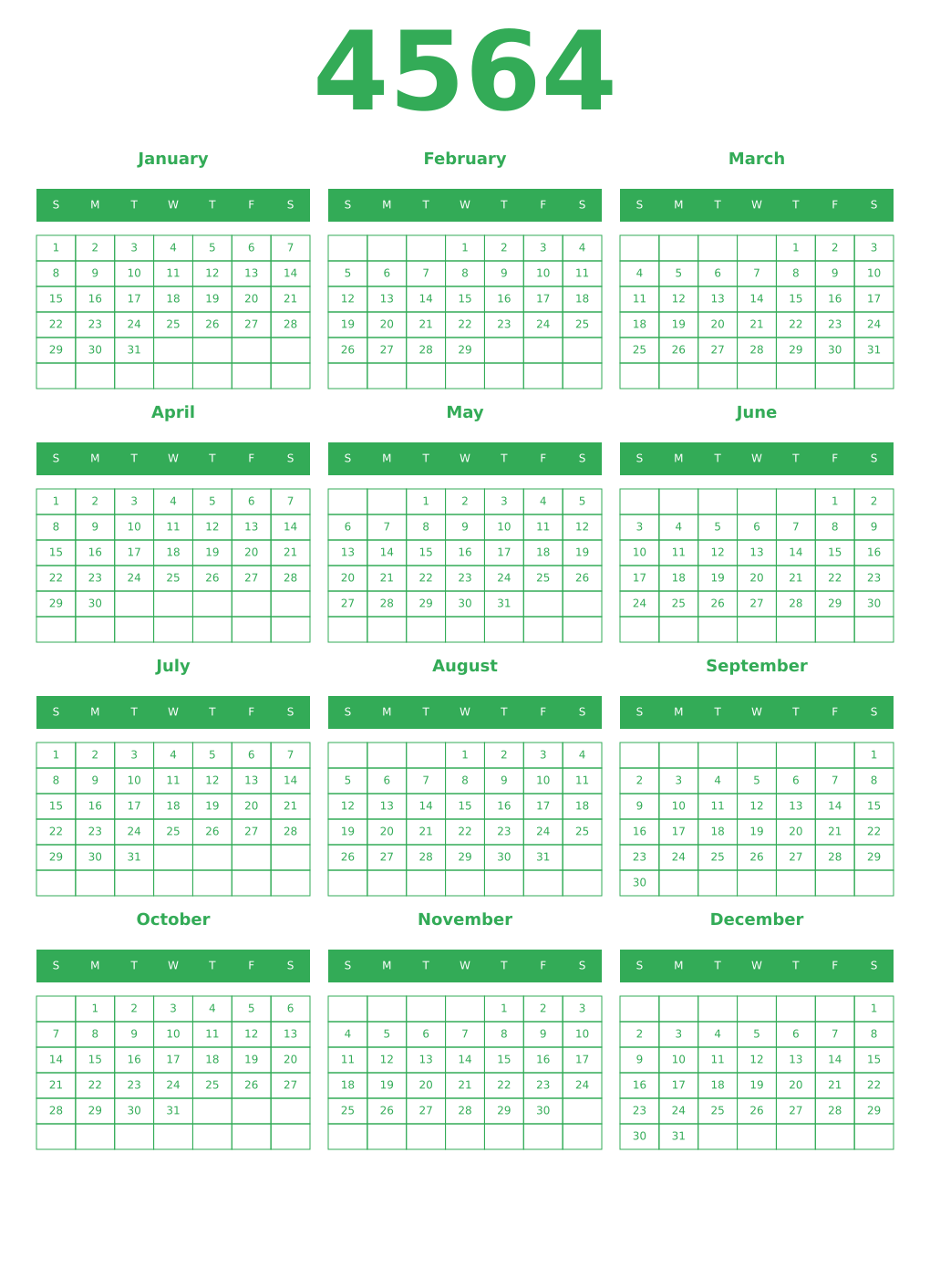 Printable 4564 Year Calendars green