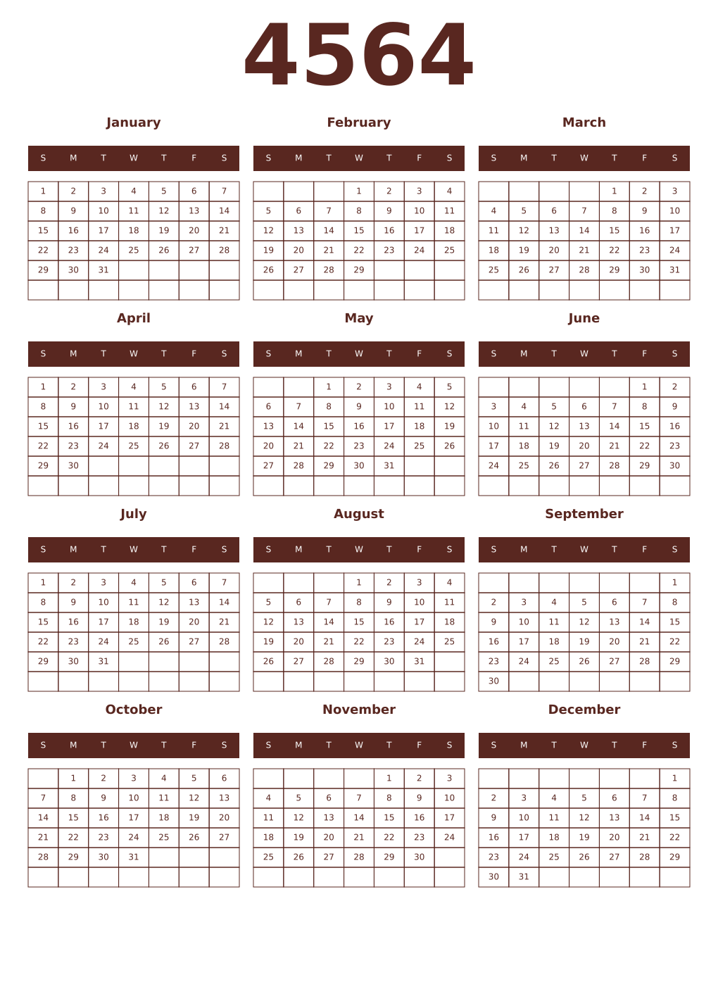 Printable 4564 Year Calendars mortuum