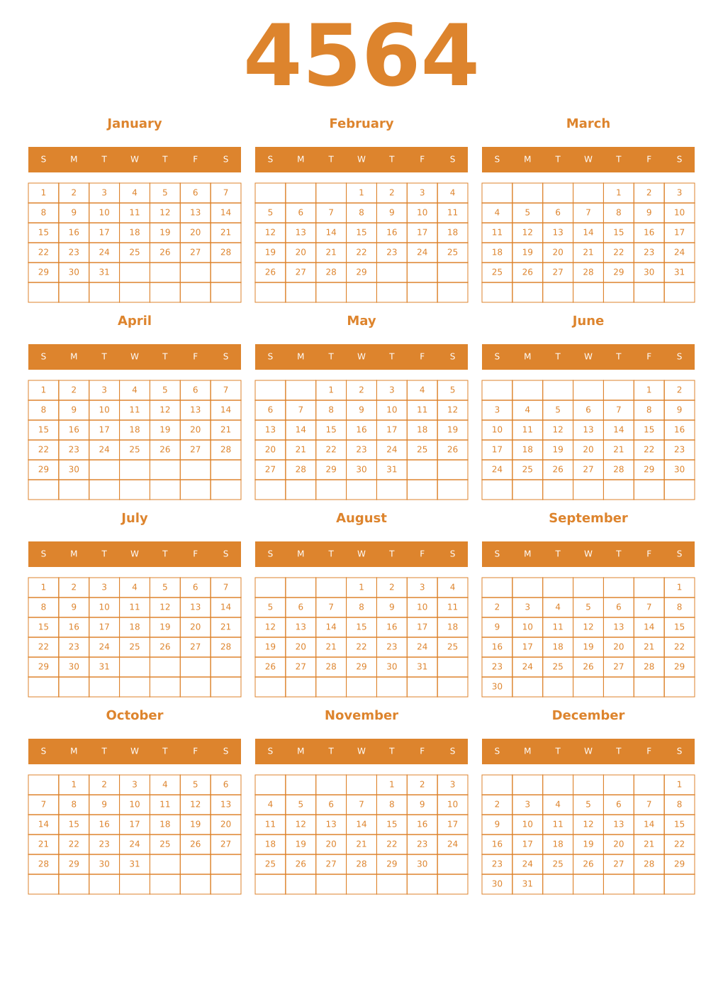 Printable 4564 Year Calendars orange