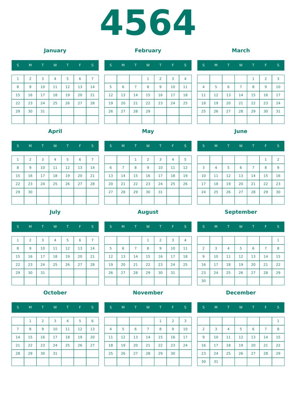 Printable 4564 Year Calendars pastel