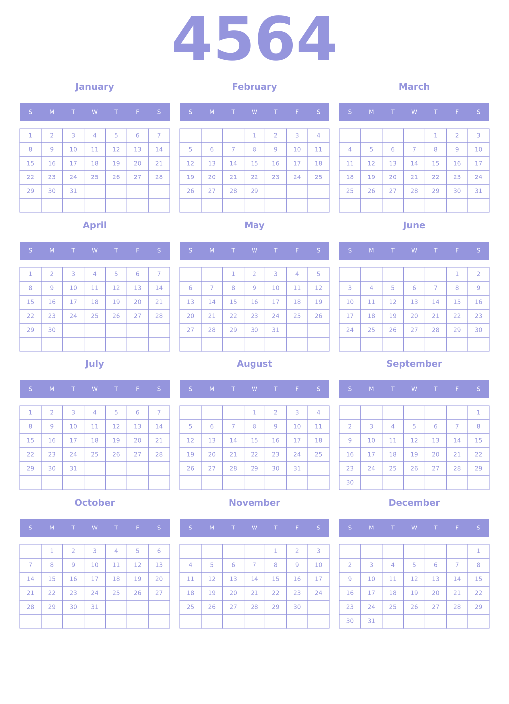 Printable 4564 Year Calendars periwinkle
