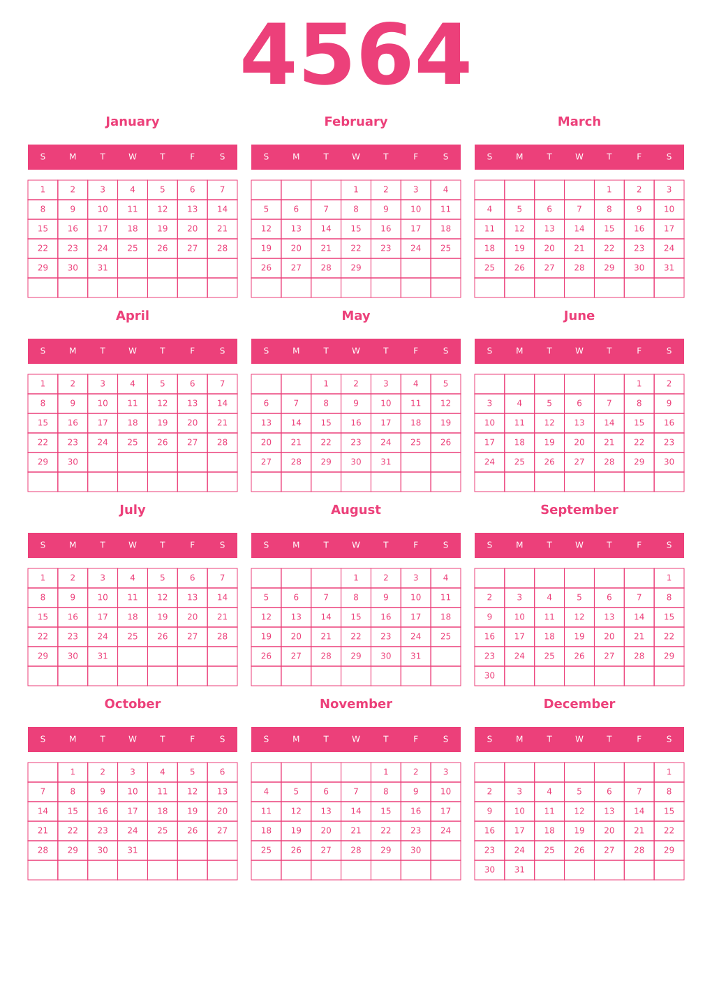 Printable 4564 Year Calendars pink