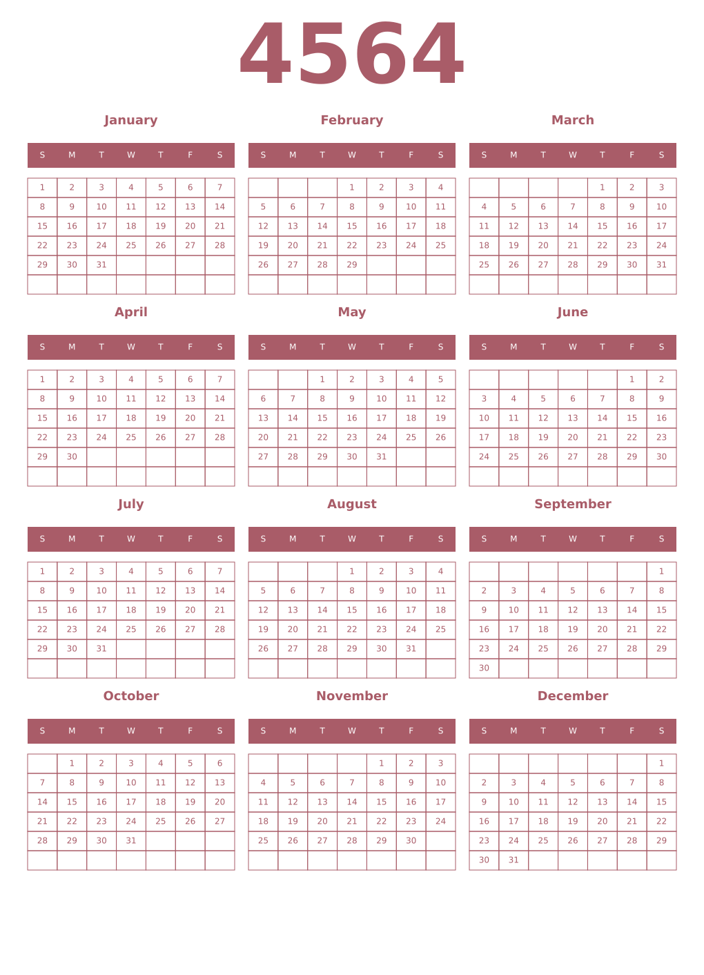 Printable 4564 Year Calendars puce