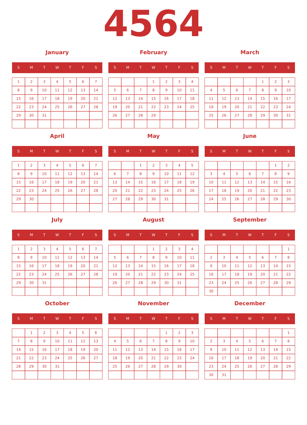 Printable 4564 Year Calendars red