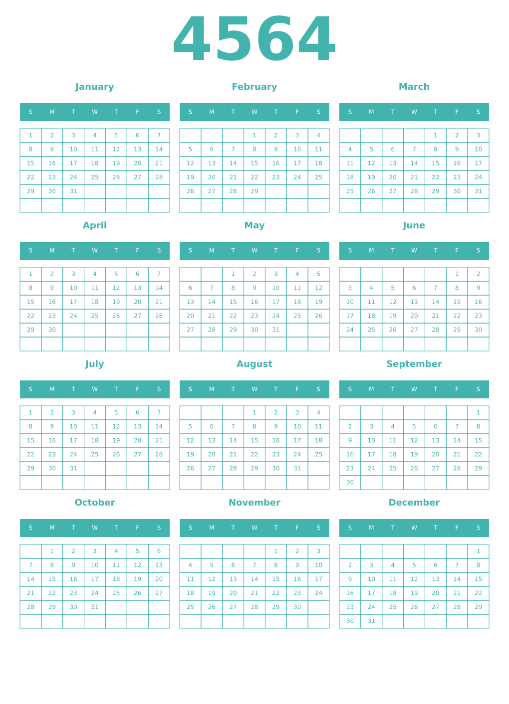 Printable 4564 Year Calendars verdigris