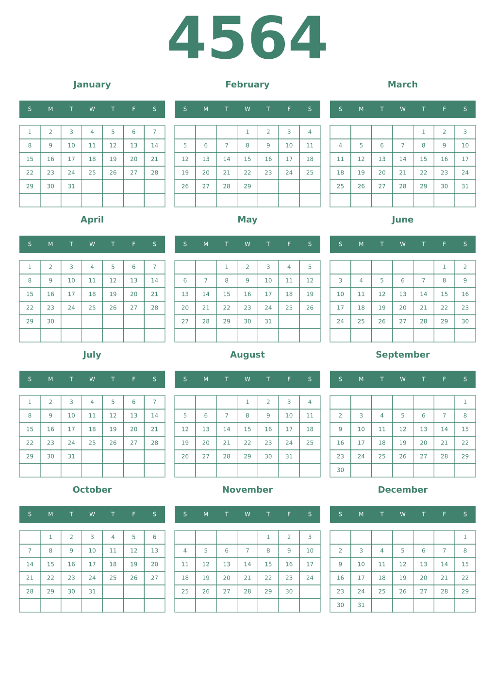 Printable 4564 Year Calendars viridian
