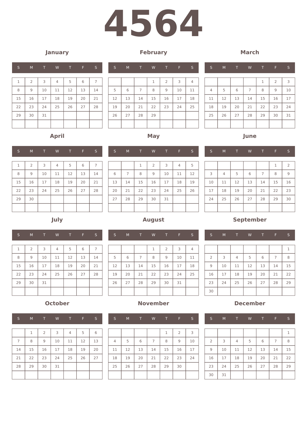 Printable 4564 Year Calendars wenge