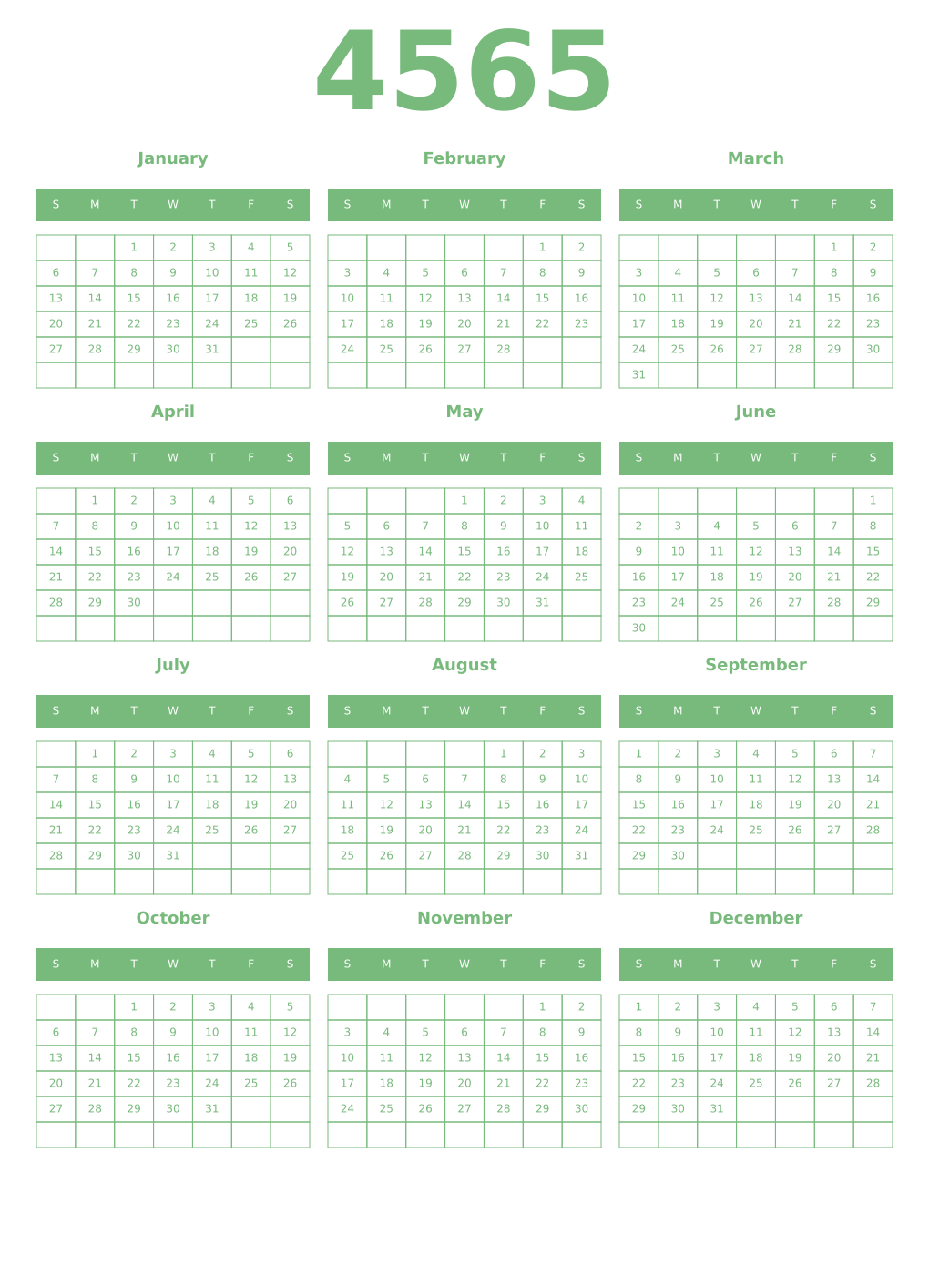 Printable 4565 Year Calendars celadon