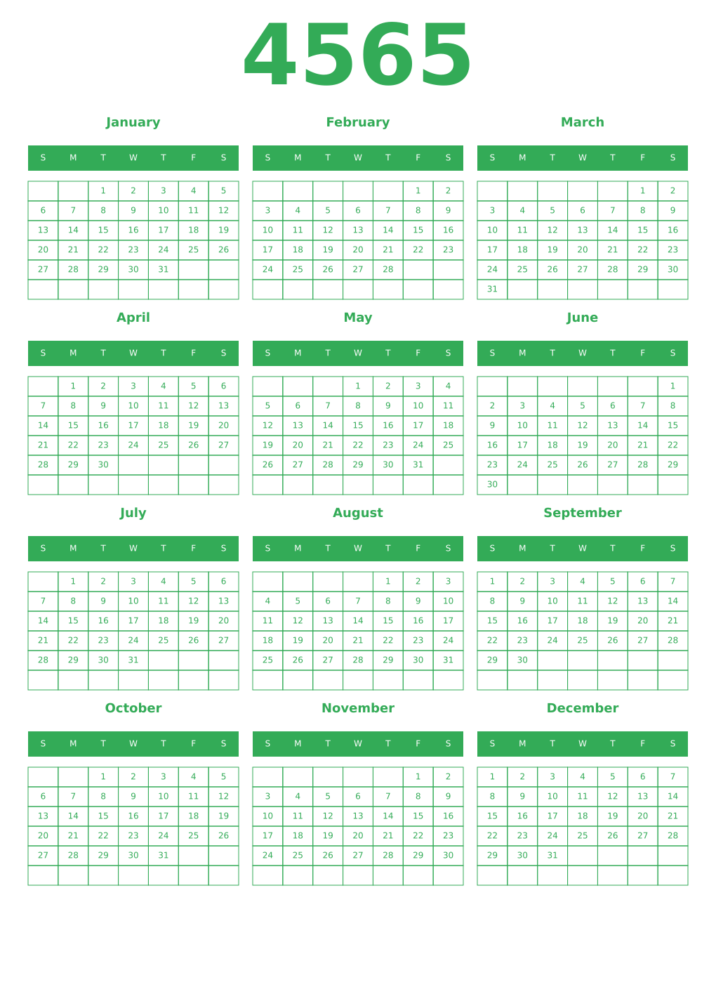 Printable 4565 Year Calendars green