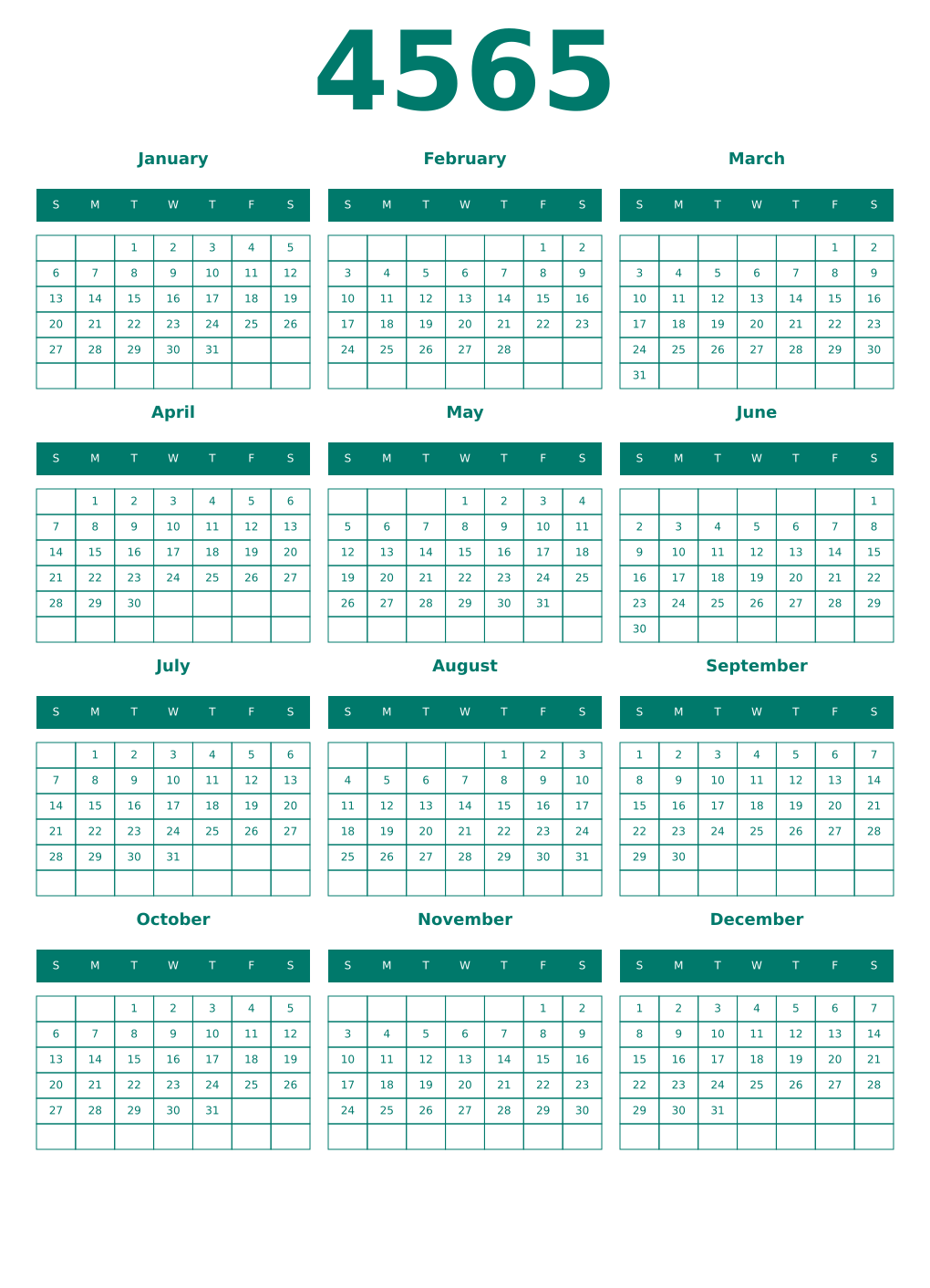 Printable 4565 Year Calendars pastel