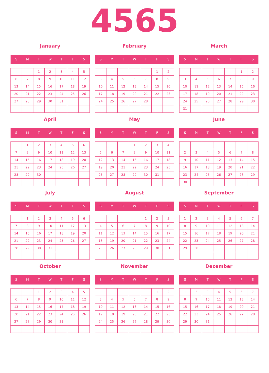 Printable 4565 Year Calendars pink