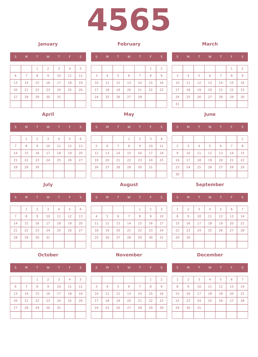 Printable 4565 Year Calendars puce