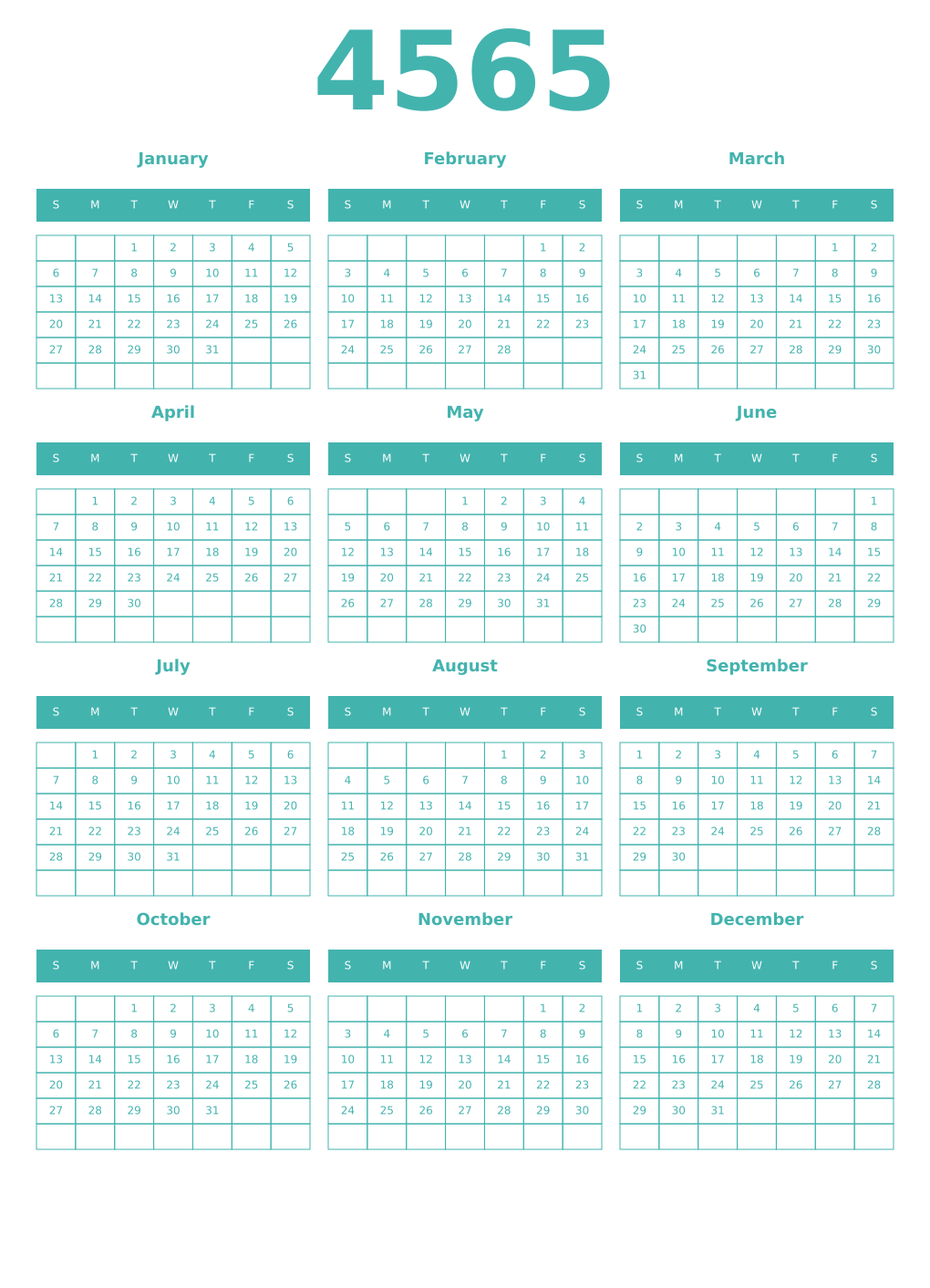 Printable 4565 Year Calendars verdigris