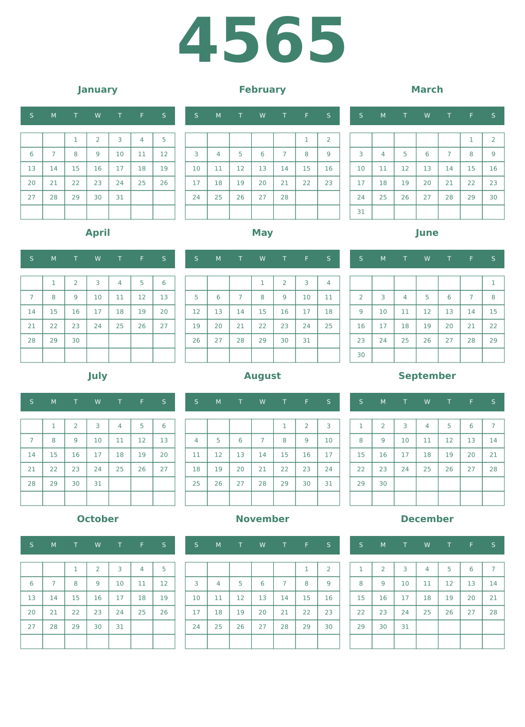 Printable 4565 Year Calendars viridian