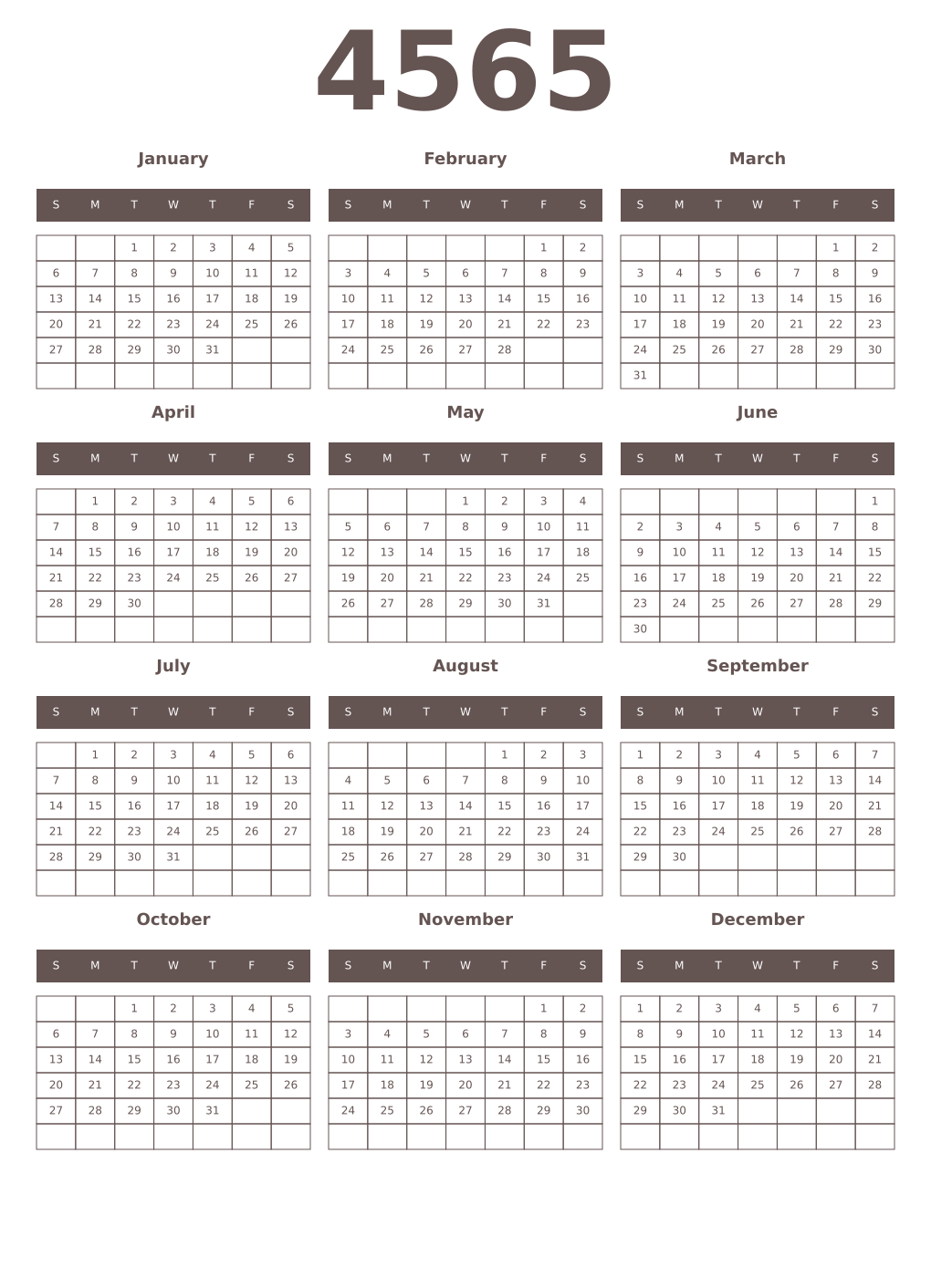 Printable 4565 Year Calendars wenge