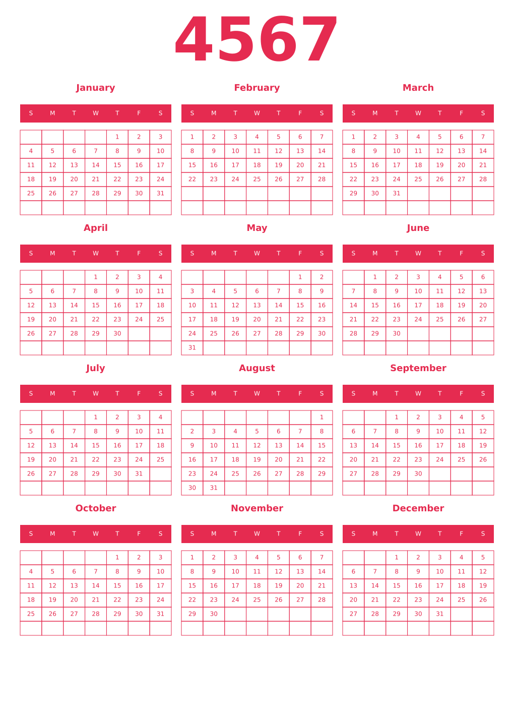 Printable 4567 Year Calendars amaranth