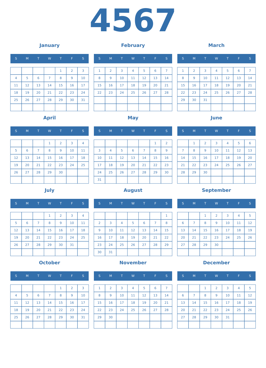 Printable 4567 Year Calendars blue