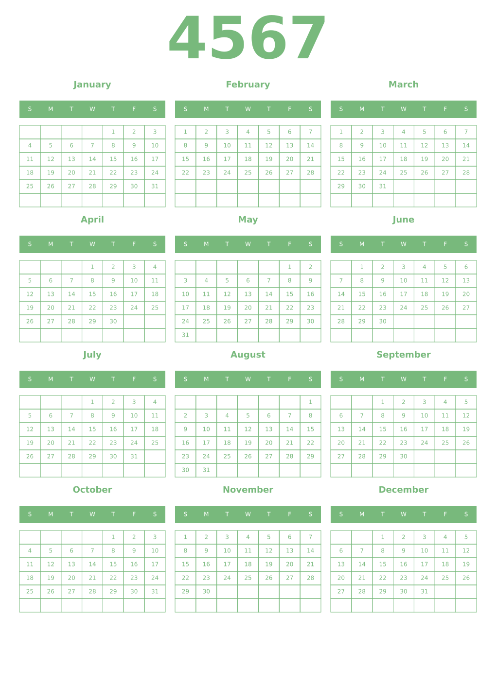 Printable 4567 Year Calendars celadon