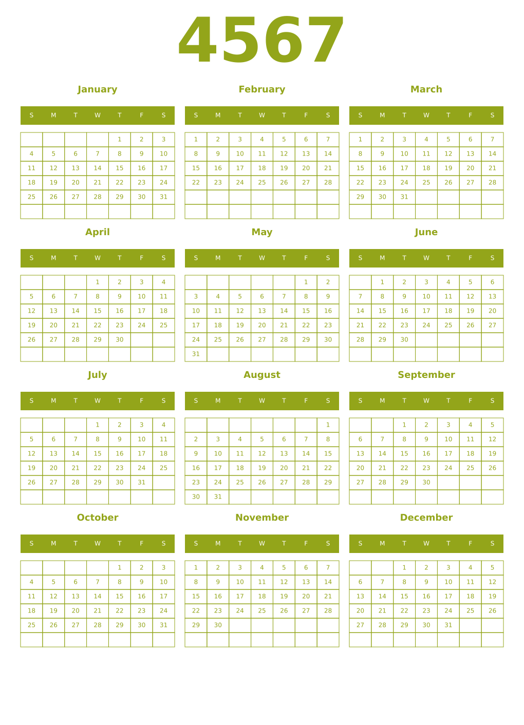 Printable 4567 Year Calendars chartreuse