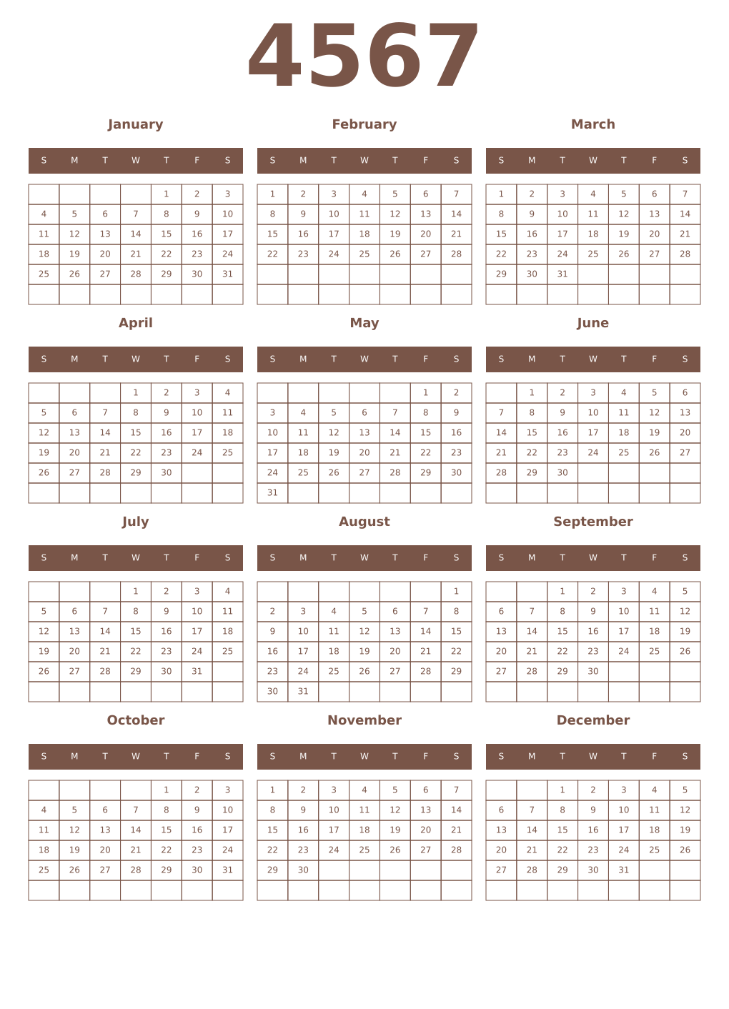 Printable 4567 Year Calendars coffe