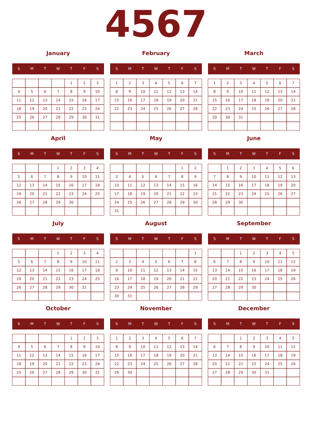 Printable 4567 Year Calendars falu