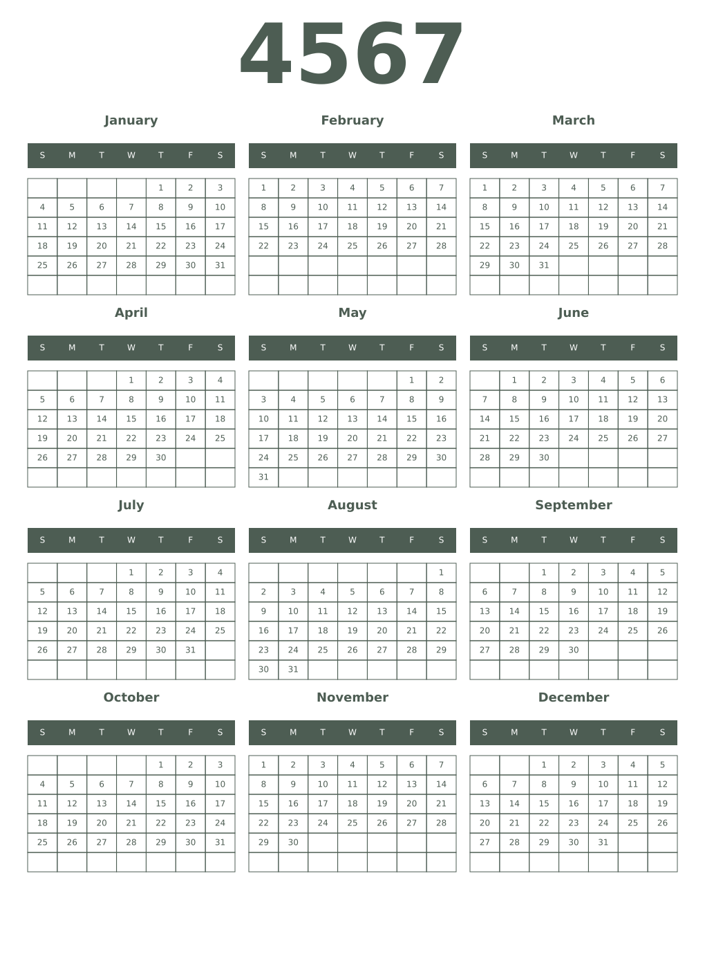 Printable 4567 Year Calendars feldgrau