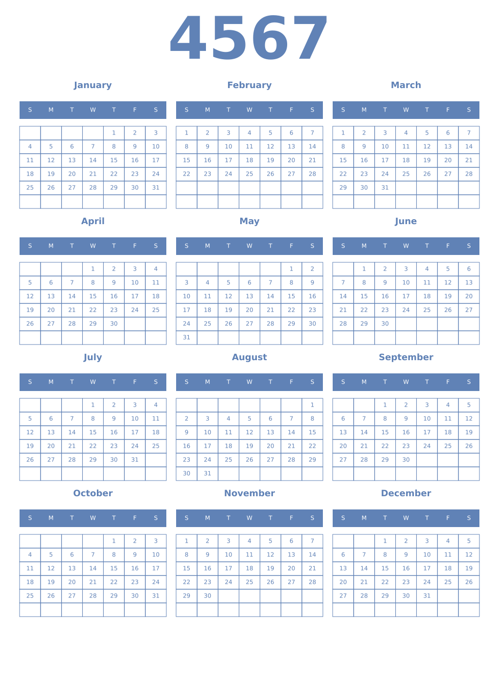 Printable 4567 Year Calendars glaucous