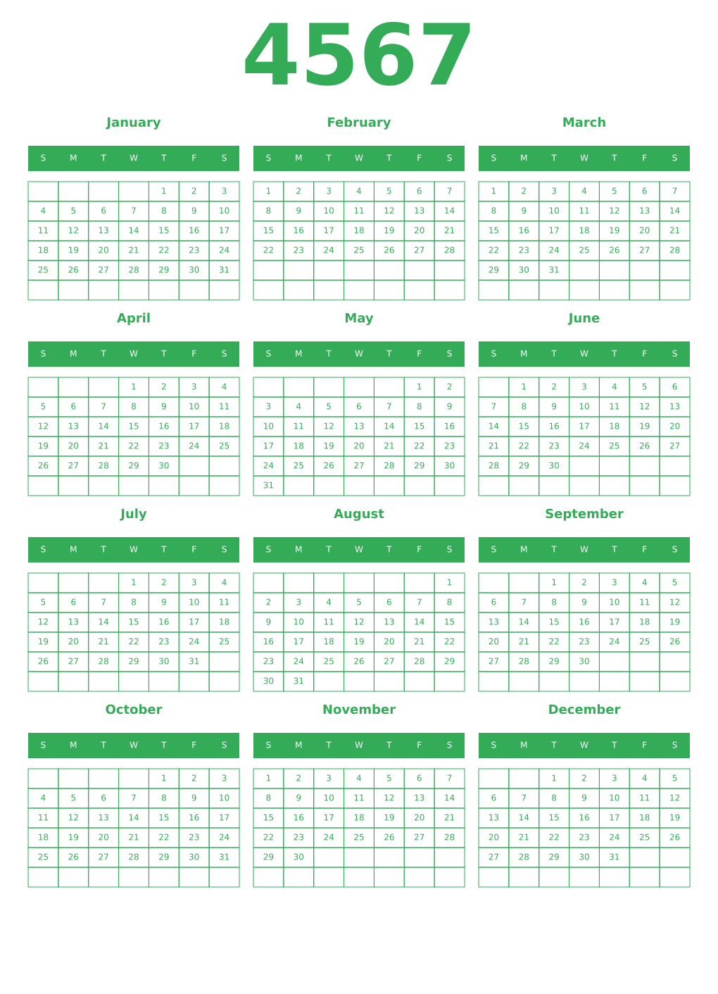 Printable 4567 Year Calendars green