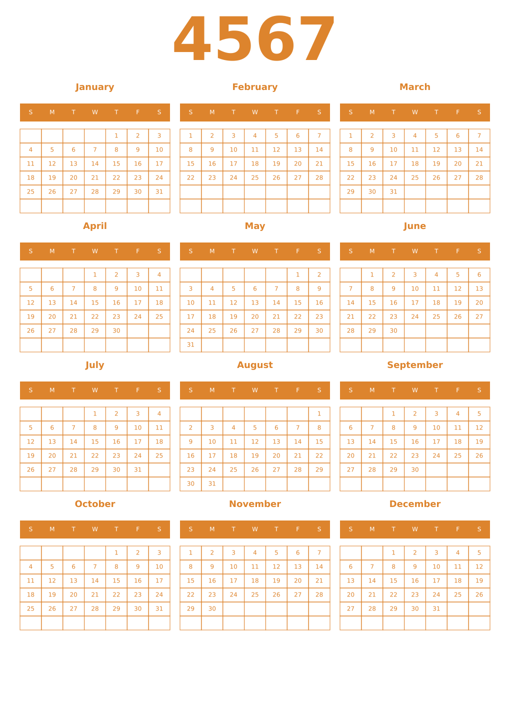 Printable 4567 Year Calendars orange