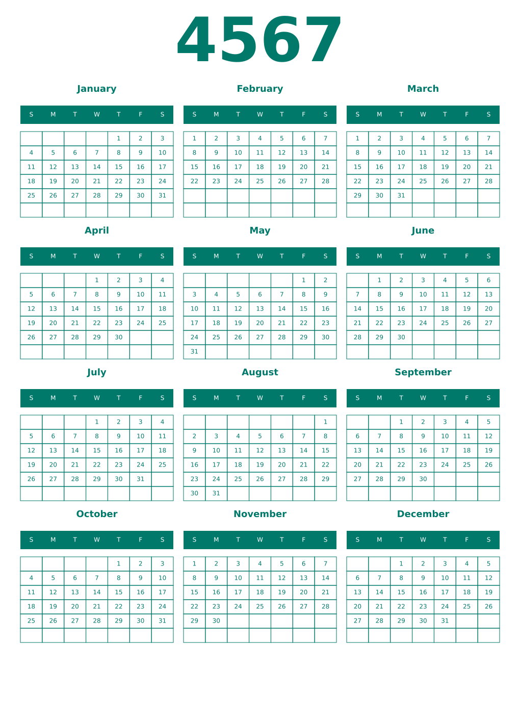 Printable 4567 Year Calendars pastel