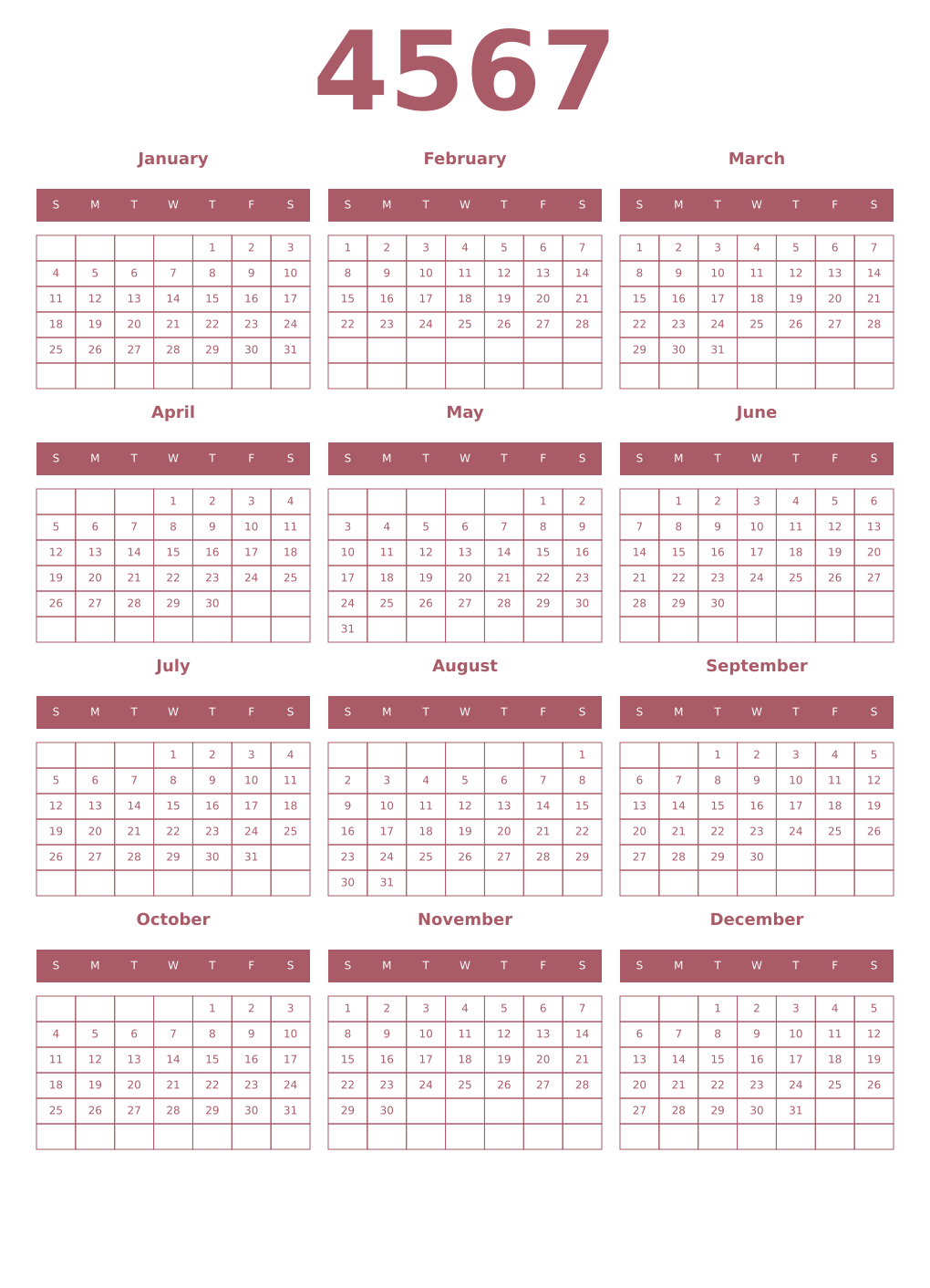 Printable 4567 Year Calendars puce