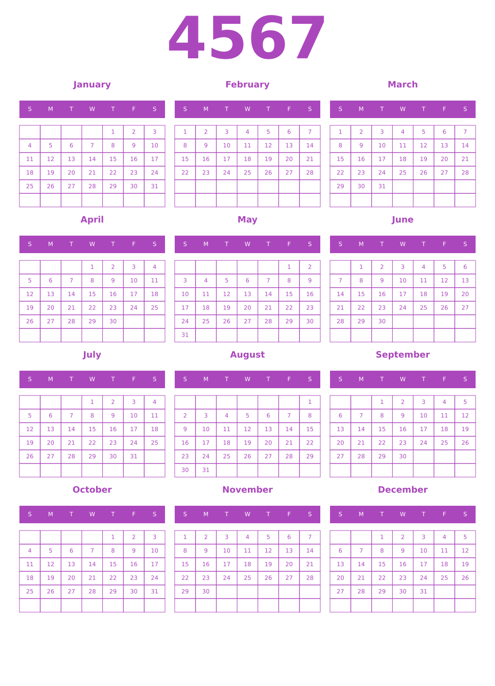 Printable 4567 Year Calendars purple