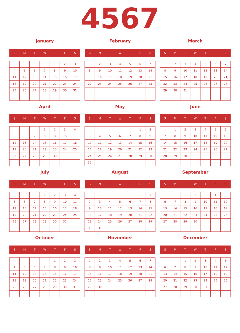 Printable 4567 Year Calendars red