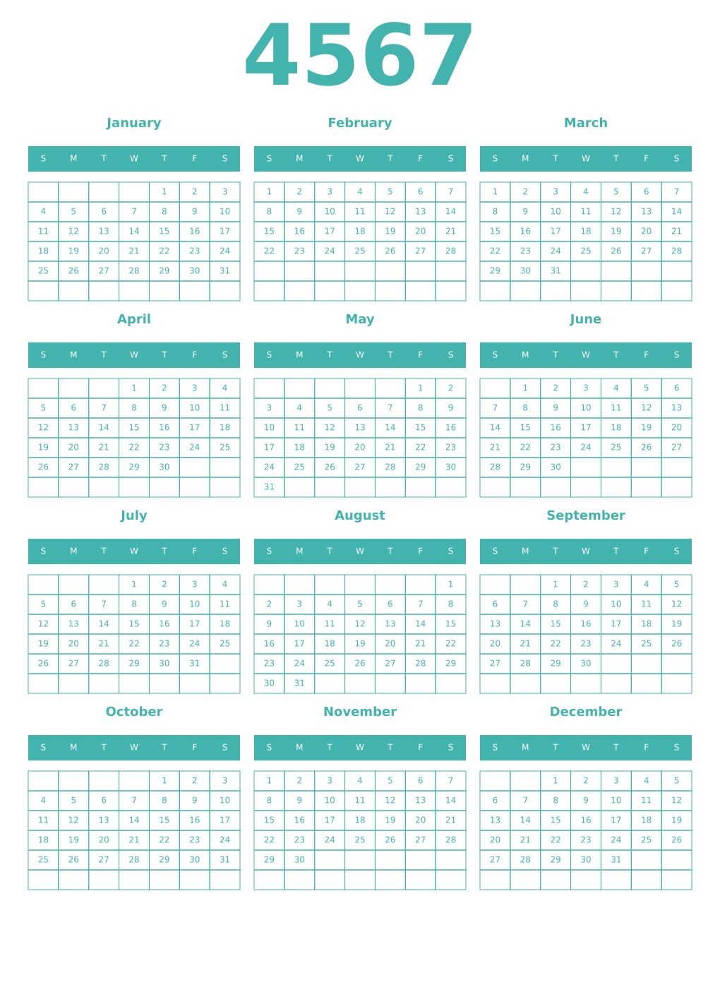 Printable 4567 Year Calendars verdigris