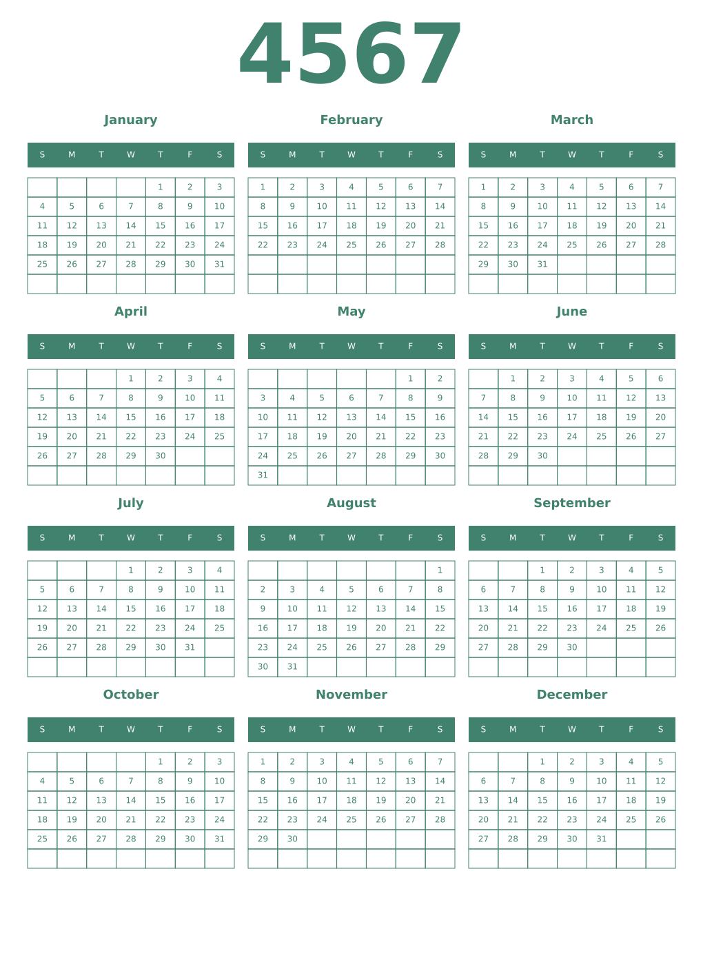 Printable 4567 Year Calendars viridian