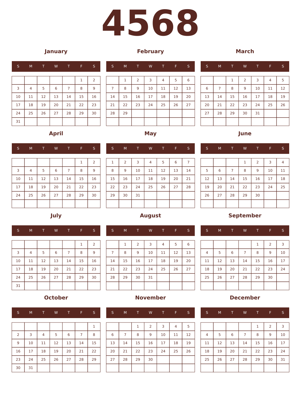 Printable 4568 Year Calendars mortuum