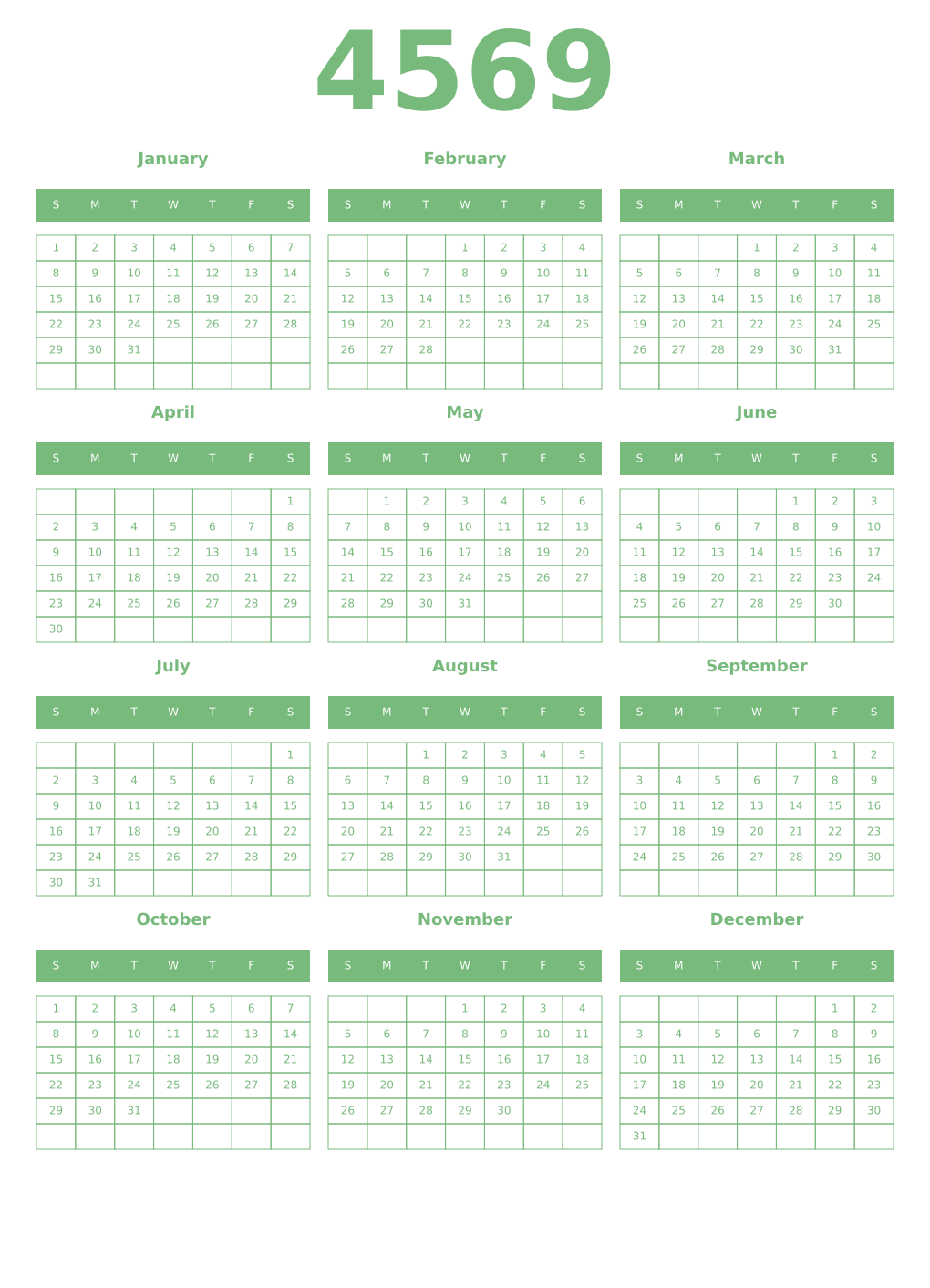 Printable 4569 Year Calendars celadon