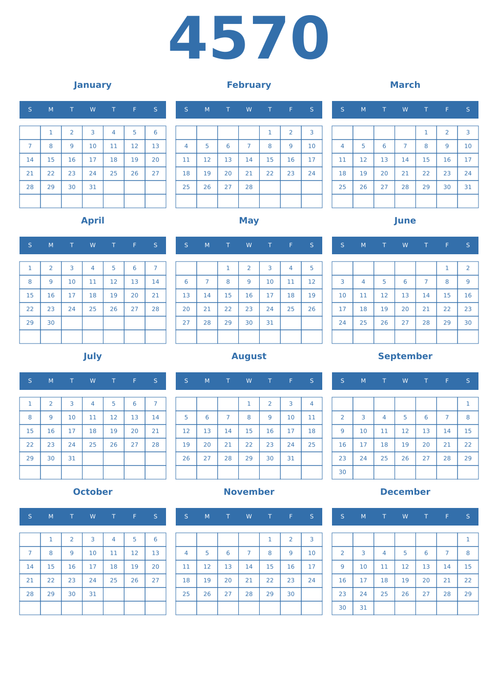 Printable 4570 Year Calendars blue