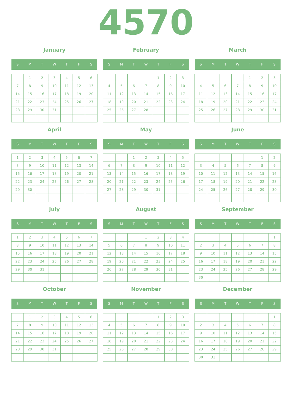 Printable 4570 Year Calendars celadon