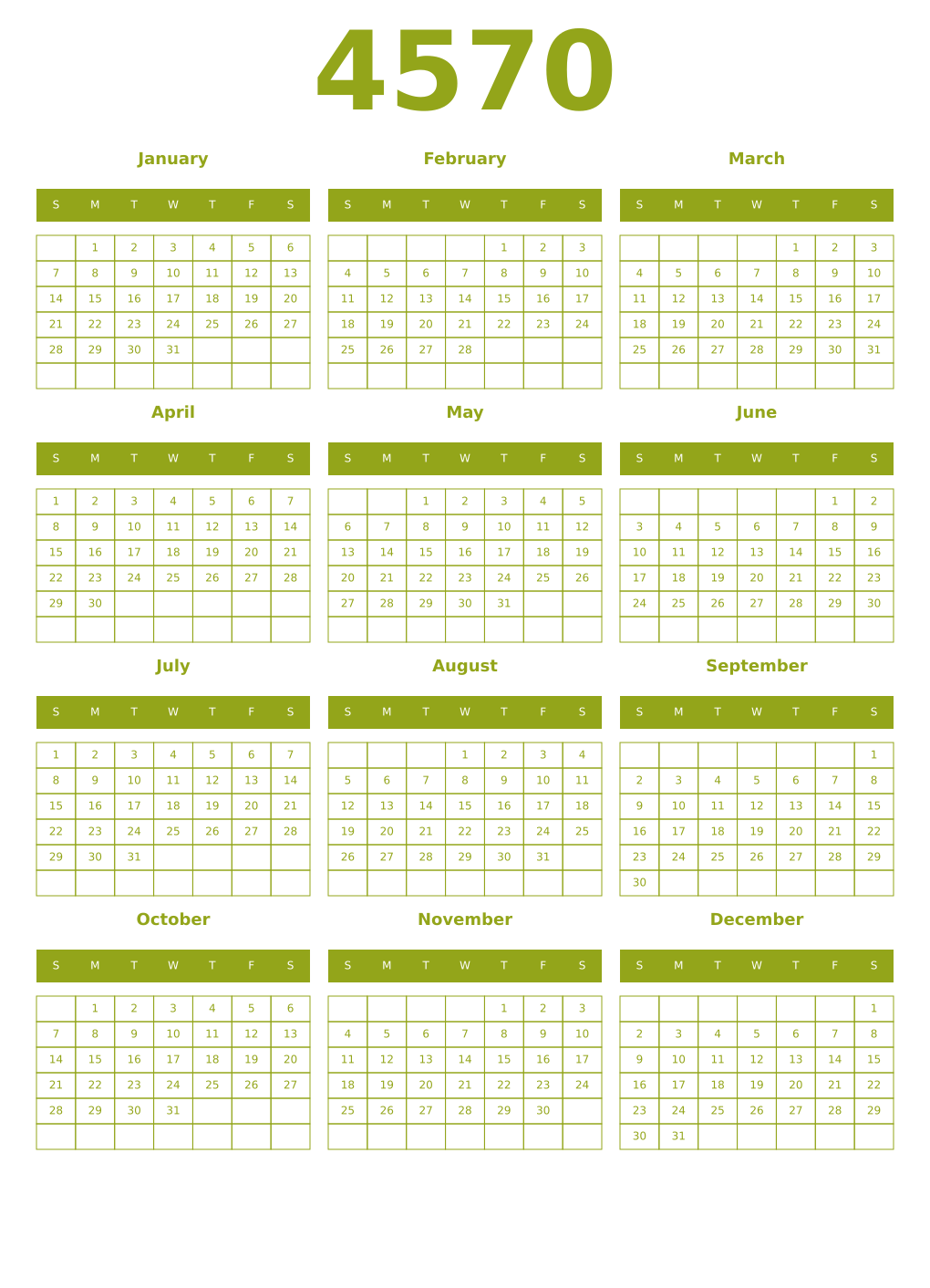 Printable 4570 Year Calendars chartreuse
