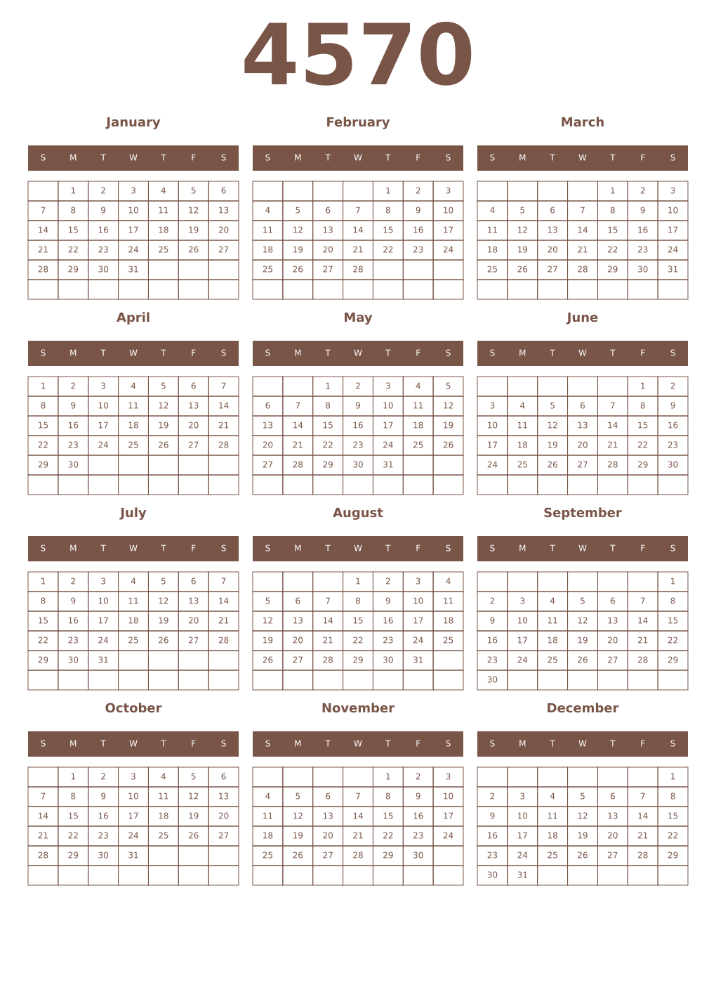 Printable 4570 Year Calendars coffe
